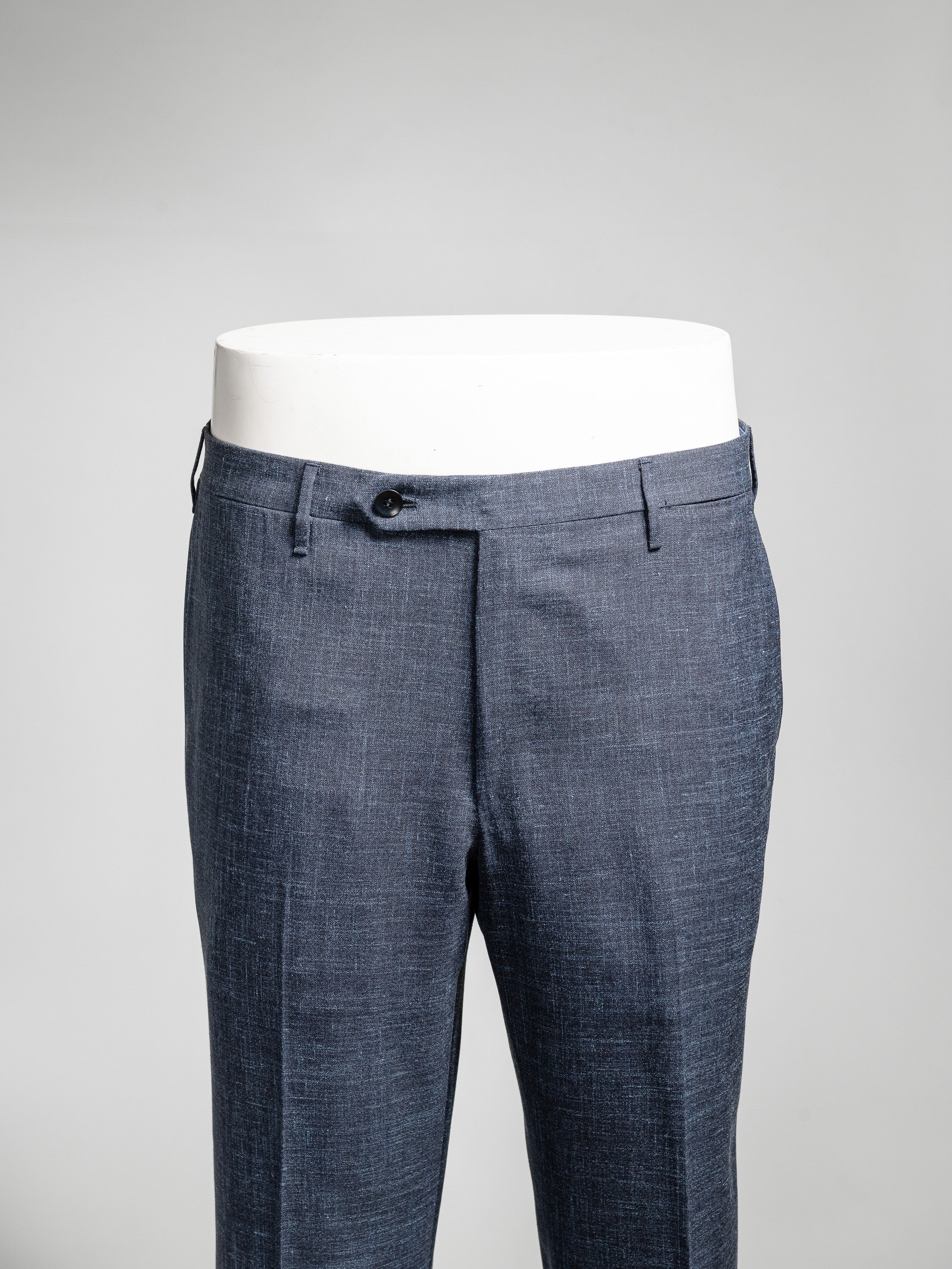 Dark blue wool silk linen trousers crafted with fabric by Loro Piana